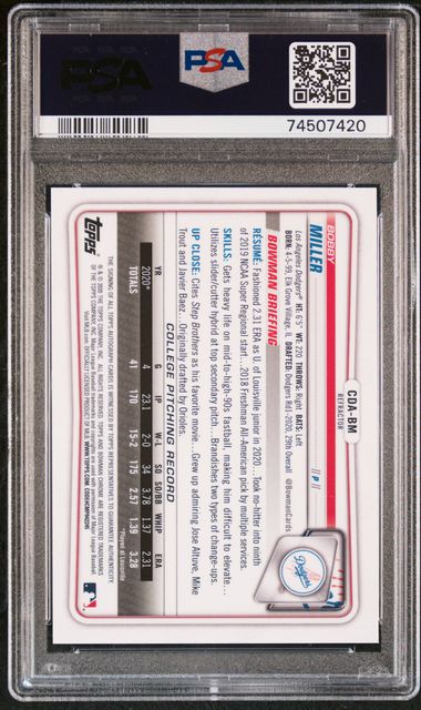 2020 Bowman Draft - Bobby Miller CDABM - 1st Chrome Refractor Auto /499  - PSA 9 / 10