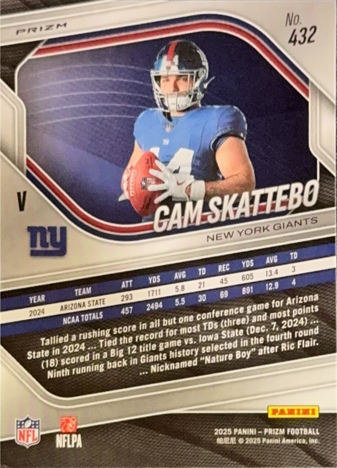 2025 Panini Prizm #432 Cam Skattebo Rookie Variation Silver Prizm