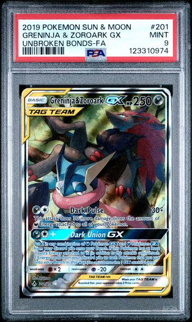 Greninja & Zoroark GX - 201/214 - Full Art - Unbroken Bonds - 2019 Pokemon - PSA 9