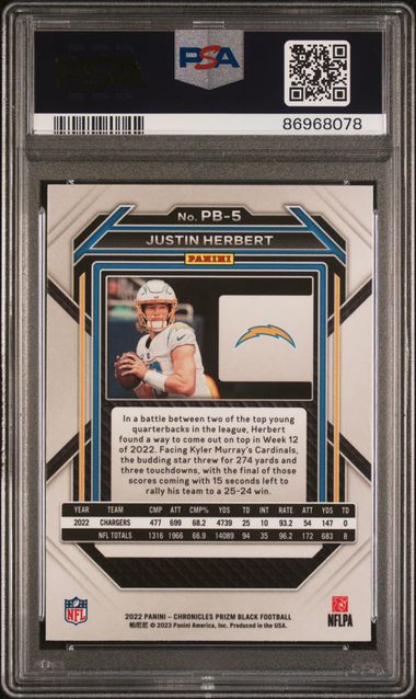 2022 Panini Chronicles - Justin Herbert PB-5 - Prizm Black - PSA 9