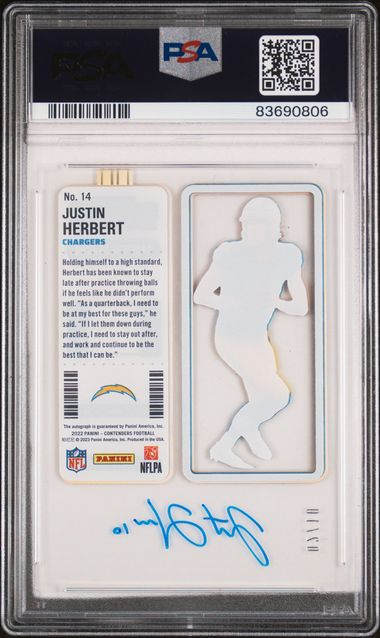 2022 Panini Contenders Football - Justin Herbert #14 - Veteran Clear Ticket Autograph - PSA 8 Auto 10