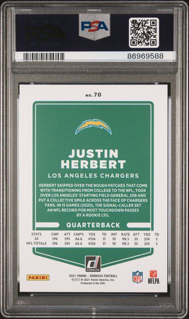 2021 Panini Donruss - Justin Herbert 70 - Press Proof Premium - PSA 9