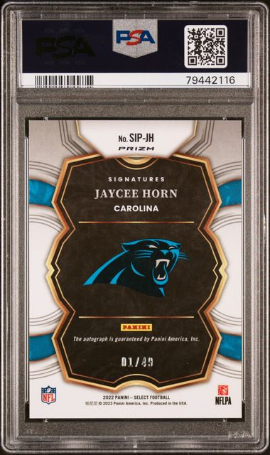 2022 Panini Select Football - Jaycee Horn #SIPJH - Signature Prizm Light Blue 01/49 - PSA 10