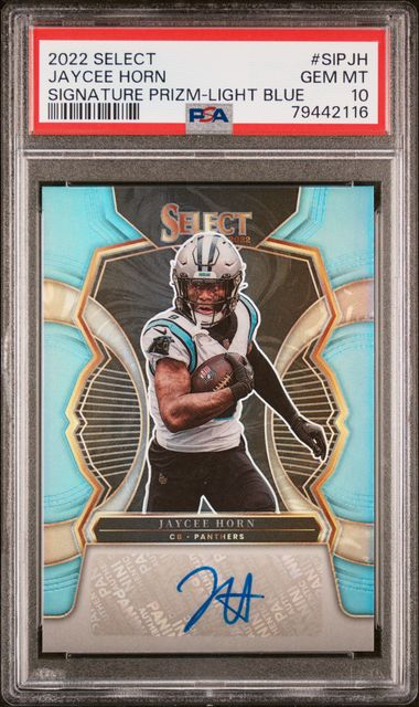 2022 Panini Select Football - Jaycee Horn #SIPJH - Signature Prizm Light Blue 01/49 - PSA 10