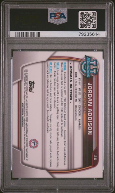 2022 Topps Bowman U Chrome - Jordan Addison 36 - 1st Bowman Purple Shimmer - PSA 8