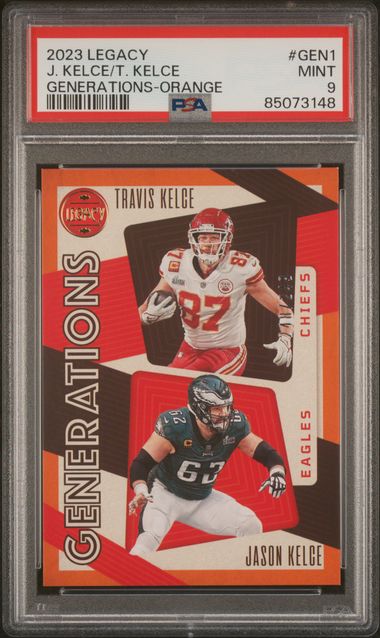 2023 Panini Legacy Football - Travis Kelce / Jason Kelce Gen-1 - Orange /249 - PSA 9