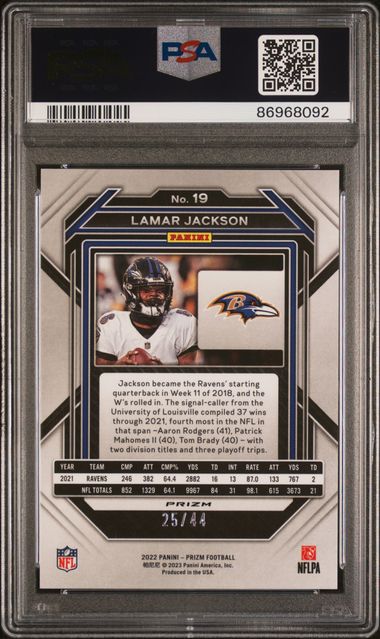 2022 Panini Prizm - Lamar Jackson 19 - Red & Yellow Prizm /44 - PSA 10