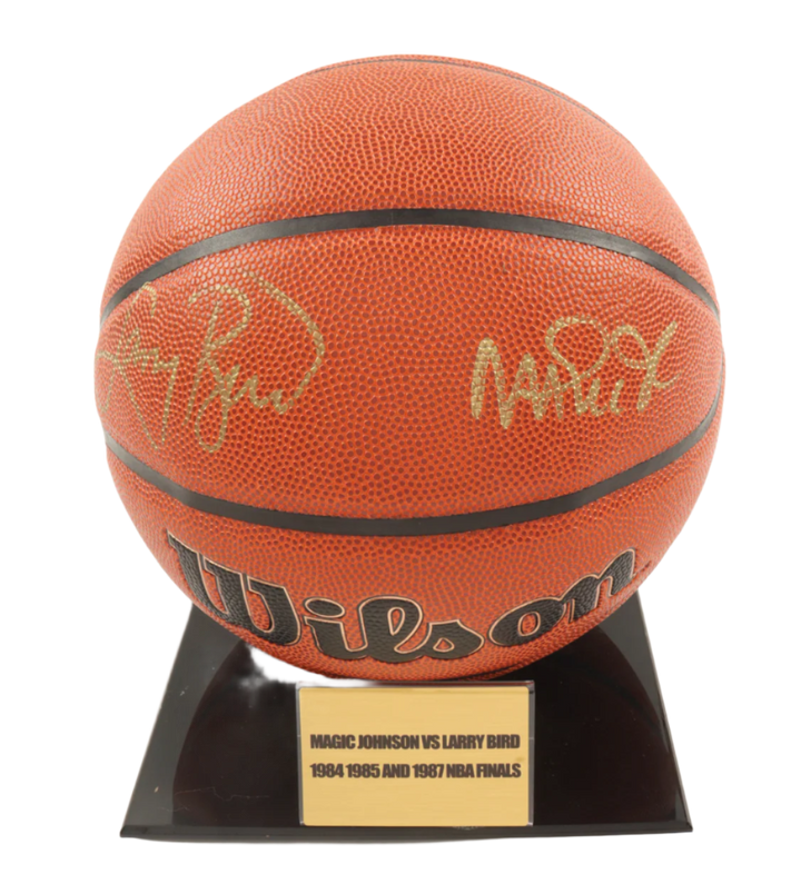 Larry Bird & Magic Johnson Signed NBA Basketball With Display Stand (PSA & Beckett)