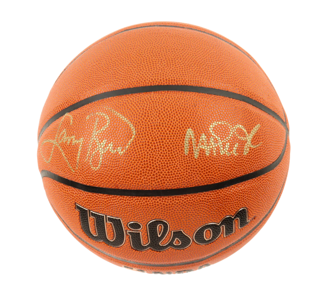 Larry Bird & Magic Johnson Signed NBA Basketball With Display Stand (PSA & Beckett)