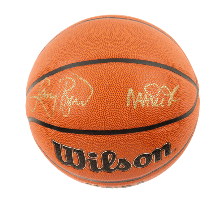 Larry Bird & Magic Johnson Signed NBA Basketball With Display Stand (PSA & Beckett)