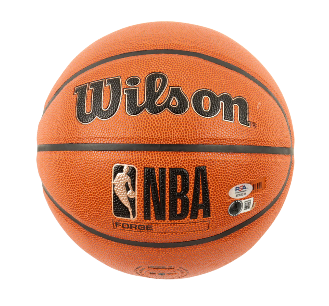 Larry Bird & Magic Johnson Signed NBA Basketball With Display Stand (PSA & Beckett)