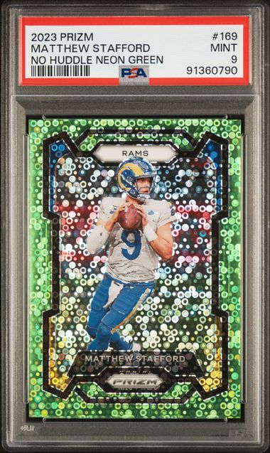 2023 Panini Prizm - Matthew Stafford 169 - No Huddle Neon Green /5 - PSA 9