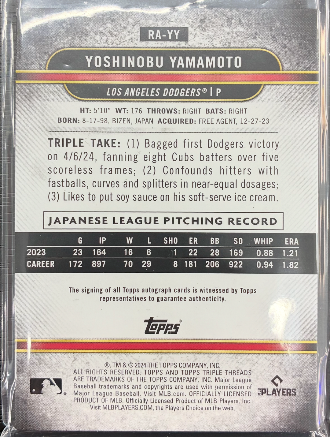 2024 Topps Triple Threads Baseball - Yoshinobu Yamamoto Rookie Autograph 08/25