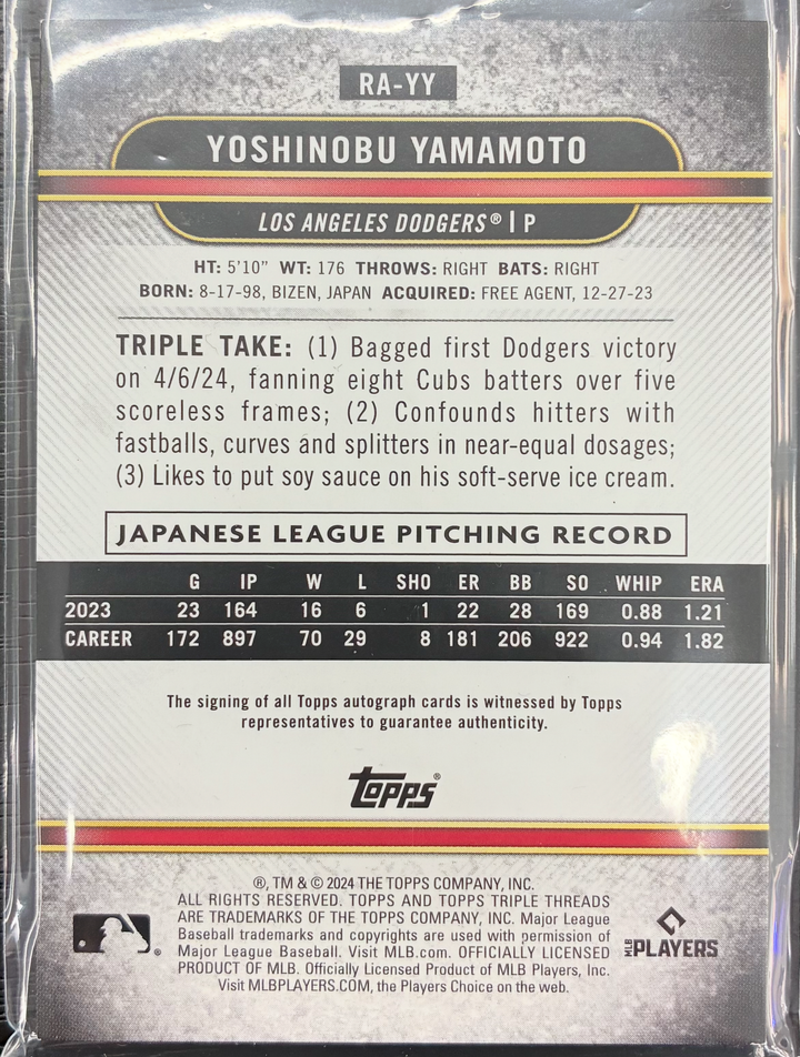 2024 Topps Triple Threads Baseball - Yoshinobu Yamamoto Rookie Autograph 08/25