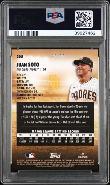 2023 Topps Stadium Club - Juan Soto 205 - Chrome Pearl White /30 - PSA 9