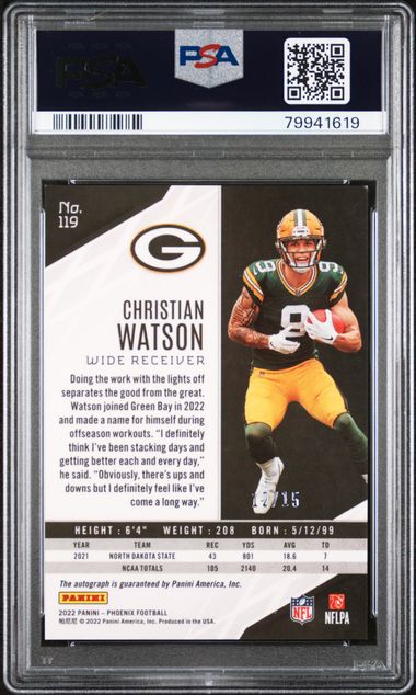 2022 Panini Phoenix - Christian Watson 119 - Blue /15 - PSA 9 / 10