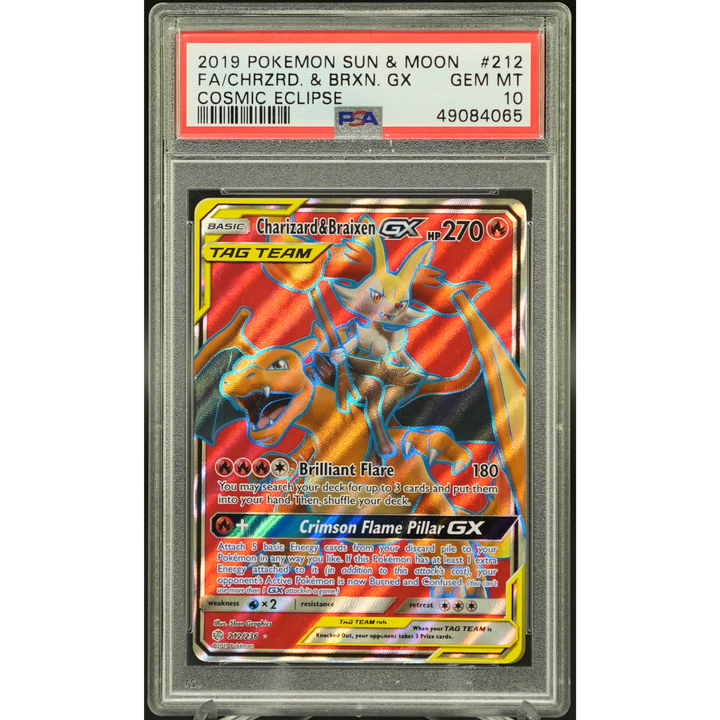 Charizard & Braixen GX 212/236 Cosmic Eclipse - 2019 Pokemon - PSA 10