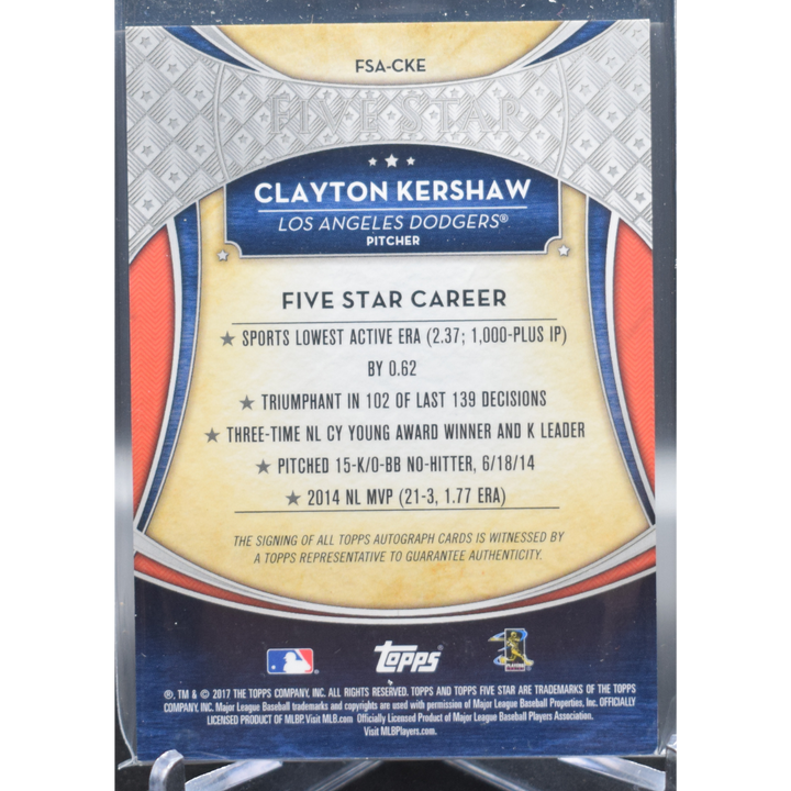 2017 Topps Five Star -Clayton Kershaw FSA-CKE - On Card Auto /25