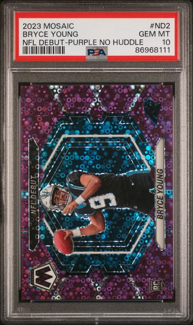 2023 Panini Mosaic - Bryce Young ND-2 - NFL Debut Purple No Huddle /50 - PSA 10